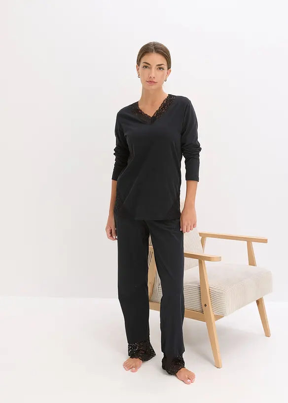 Pyjama van zacht katoen met kant, bonprix