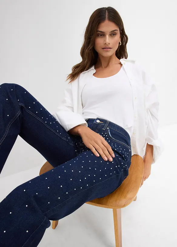 Straight jeans met comfortband met strass, mid waist, bonprix