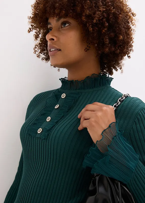 Fijn gebreide longsleeve met chiffon volants, bonprix
