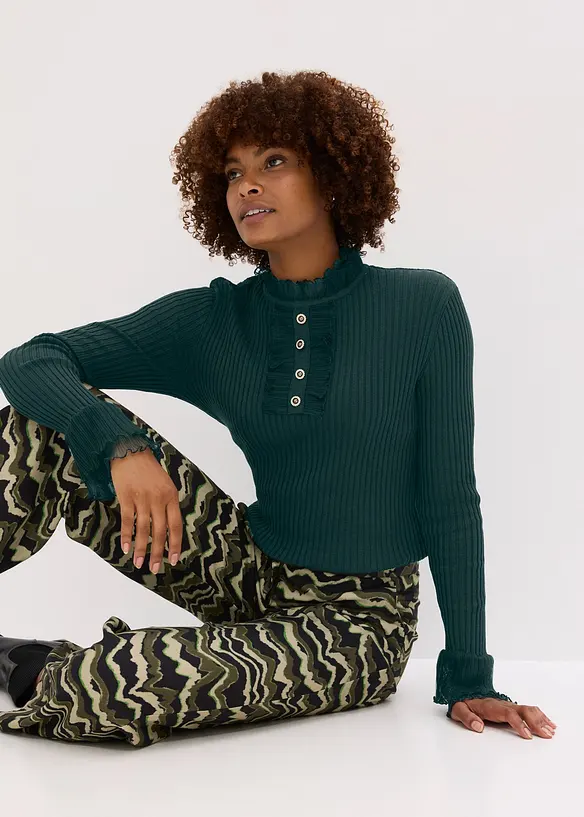 Fijn gebreide longsleeve met chiffon volants, bonprix
