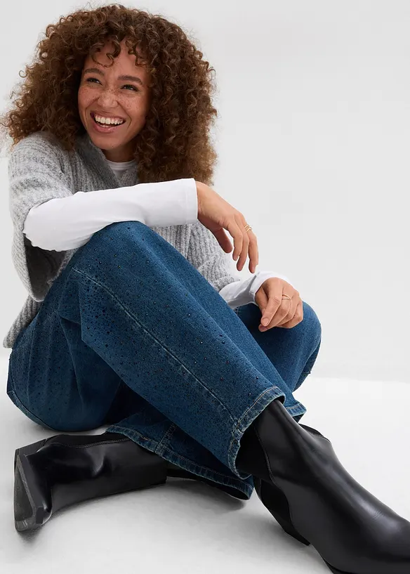Wide leg jeans, mid waist, met glinsterende steentjes, bonprix