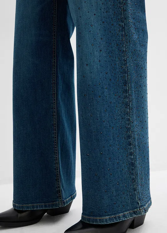 Wide leg jeans, mid waist, met glinsterende steentjes, bonprix