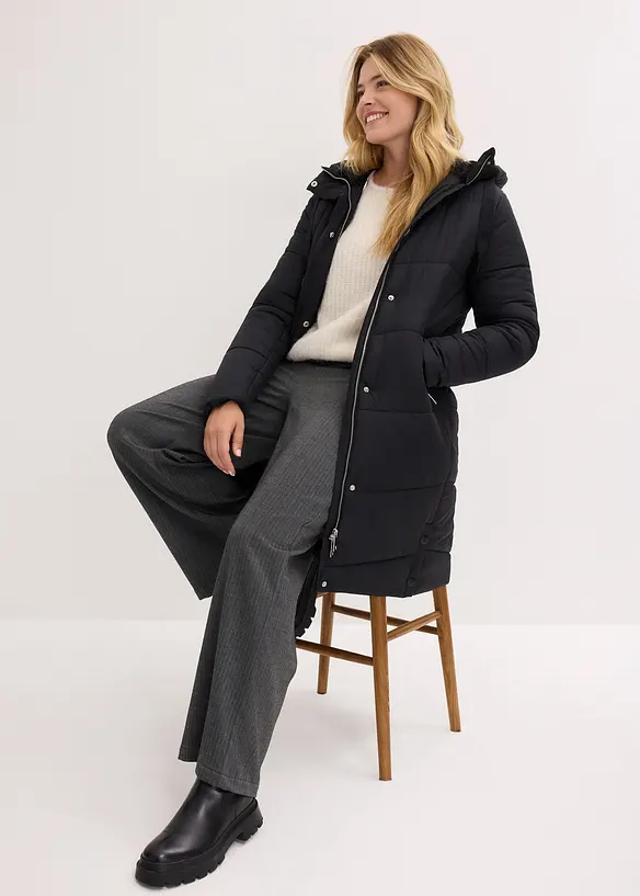 Lange gewatteerde jas met teddy voering in de capuchon, bonprix