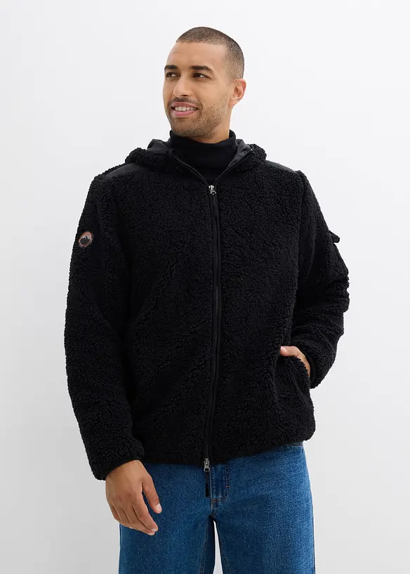 Teddy fleece jas met een geweven strook en capuchaon, bonprix