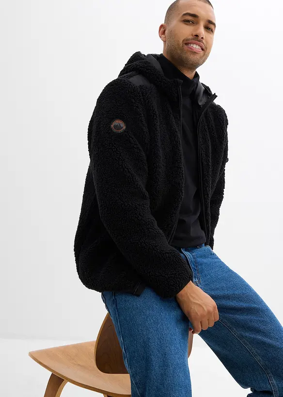 Teddy fleece jas met een geweven strook en capuchaon, bonprix