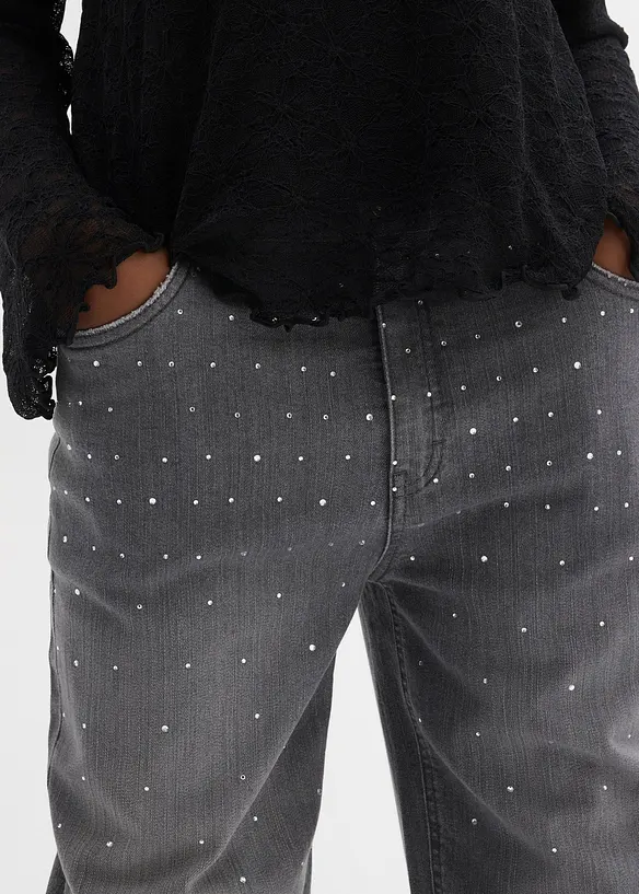 Wide leg jeans met strass, mid waist, bonprix