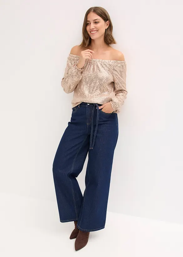 Oversized carmen-shirt met pailletten, bonprix