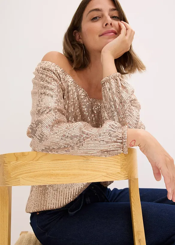 Oversized carmen-shirt met pailletten, bonprix