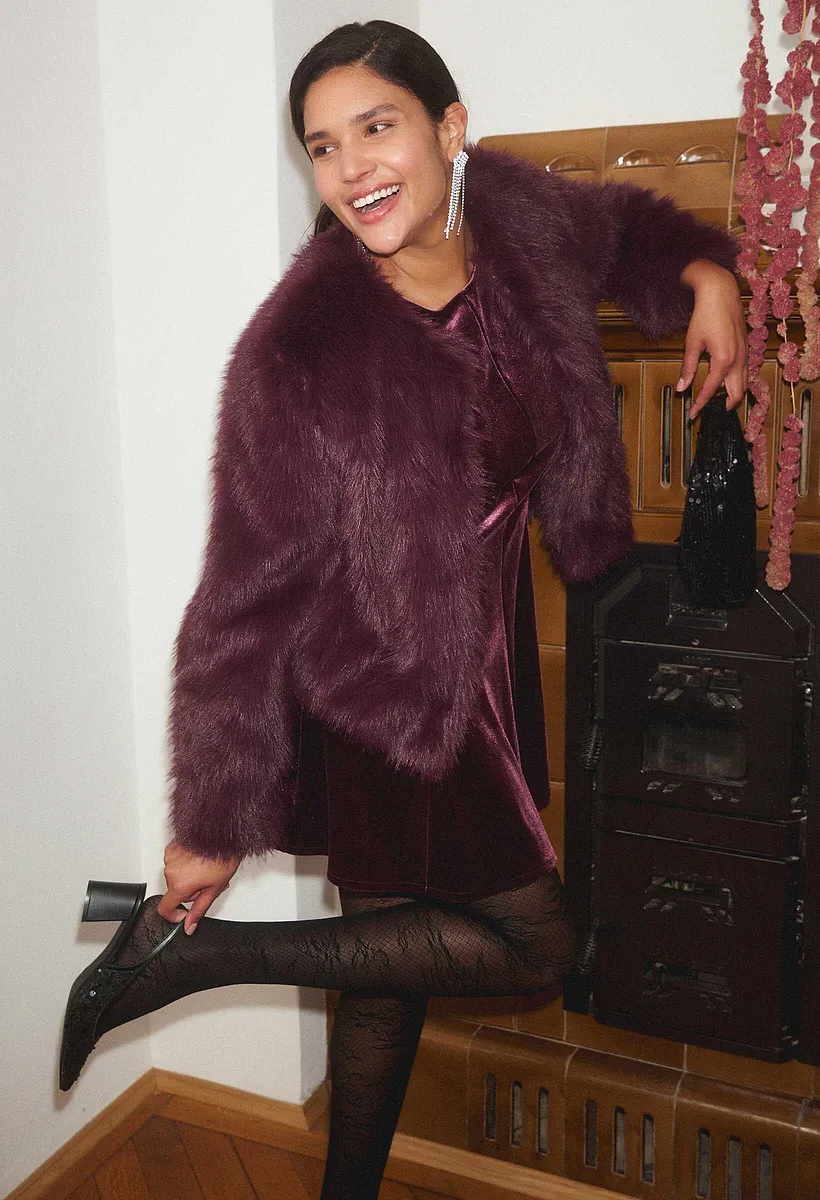 Dames - Imitatie bontjas - wijnrood