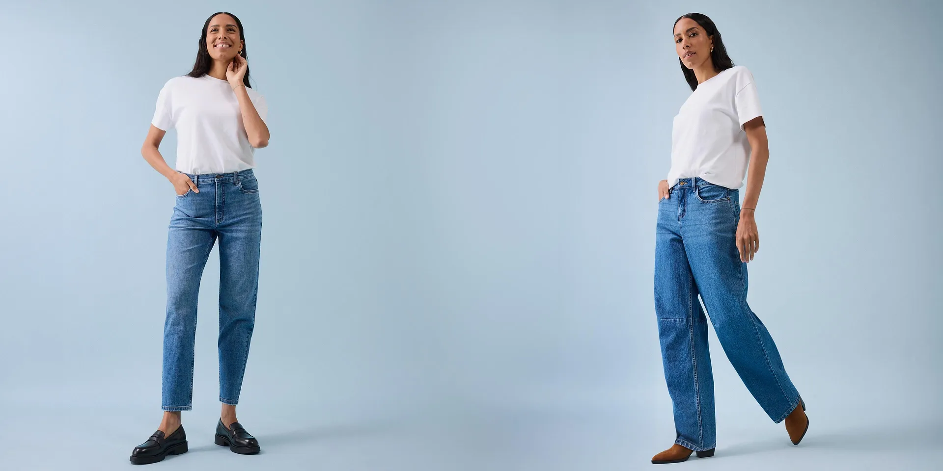 Klassieke casual look: witte T-shirts gecombineerd met blauwe jeans en trendy schoenen.