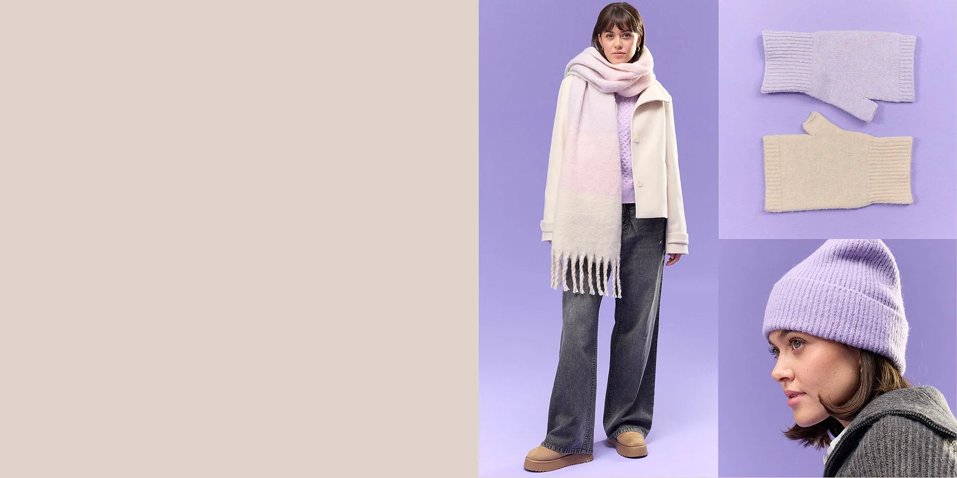 Pastelkleurige winteraccessoires: extra zachte sjaal, comfy trui en warme muts voor koude dagen.