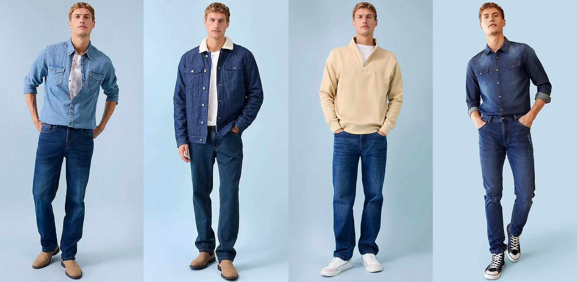 Veelzijdige jeansstijlen: van klassiek overhemd tot jassen en casual truien. Tijdloze denimmode voor mannen.