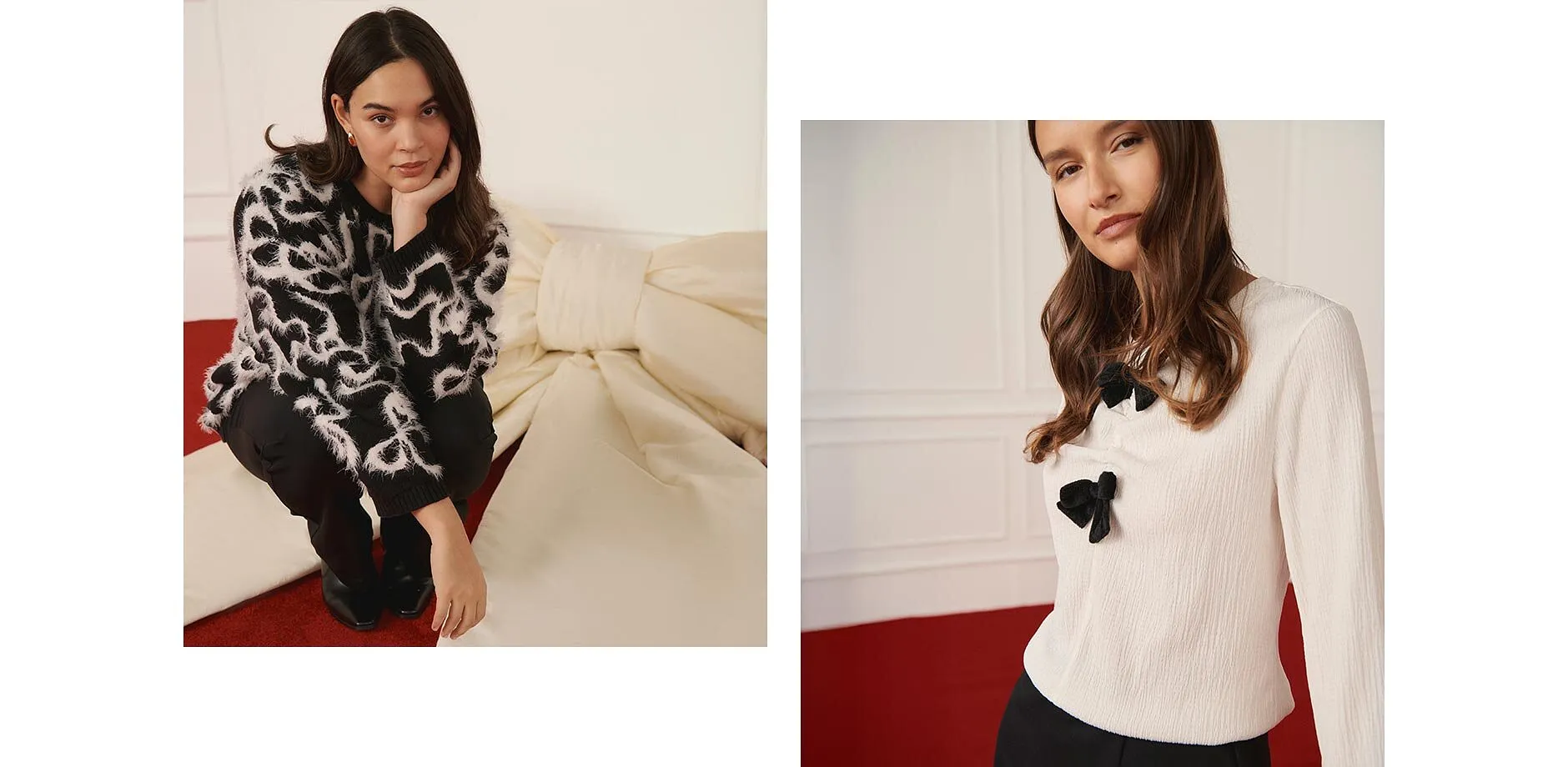 On trend - Jacquard trui in een zachte viscosemix - zwart/wolwit met strikken