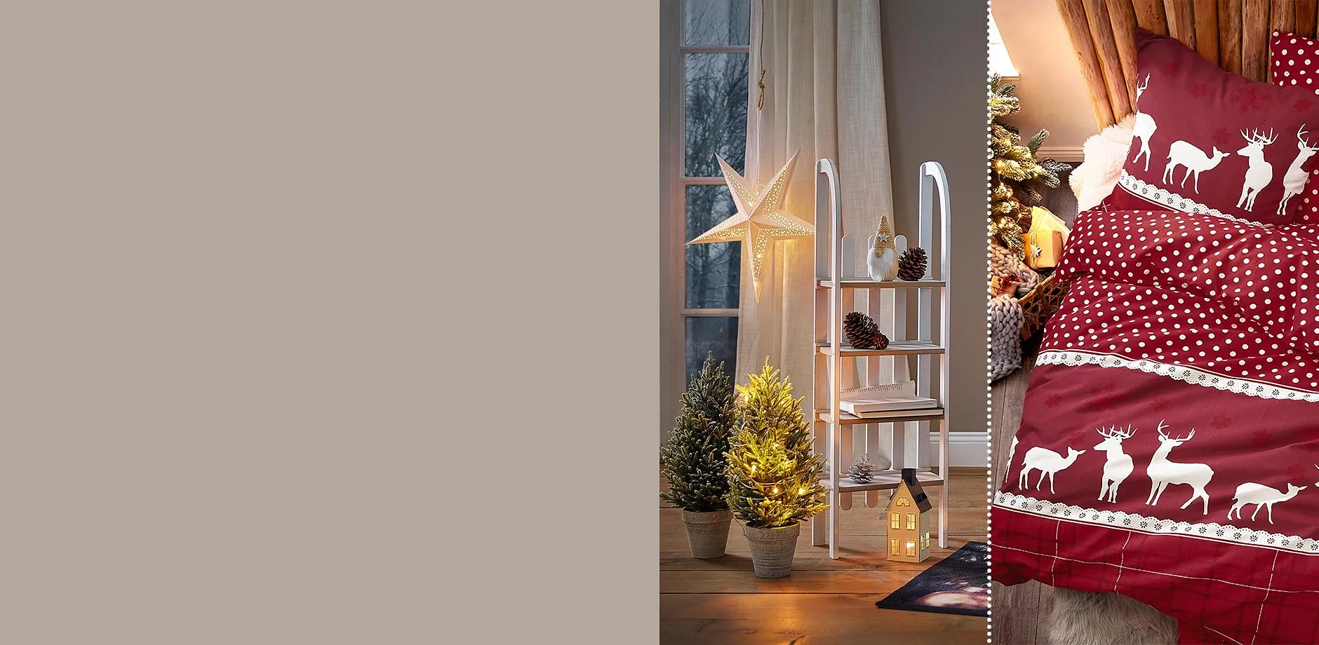 Winterse decoratie en comfortabel dekbedovertrek in bordeauxrood met witte rendieren.