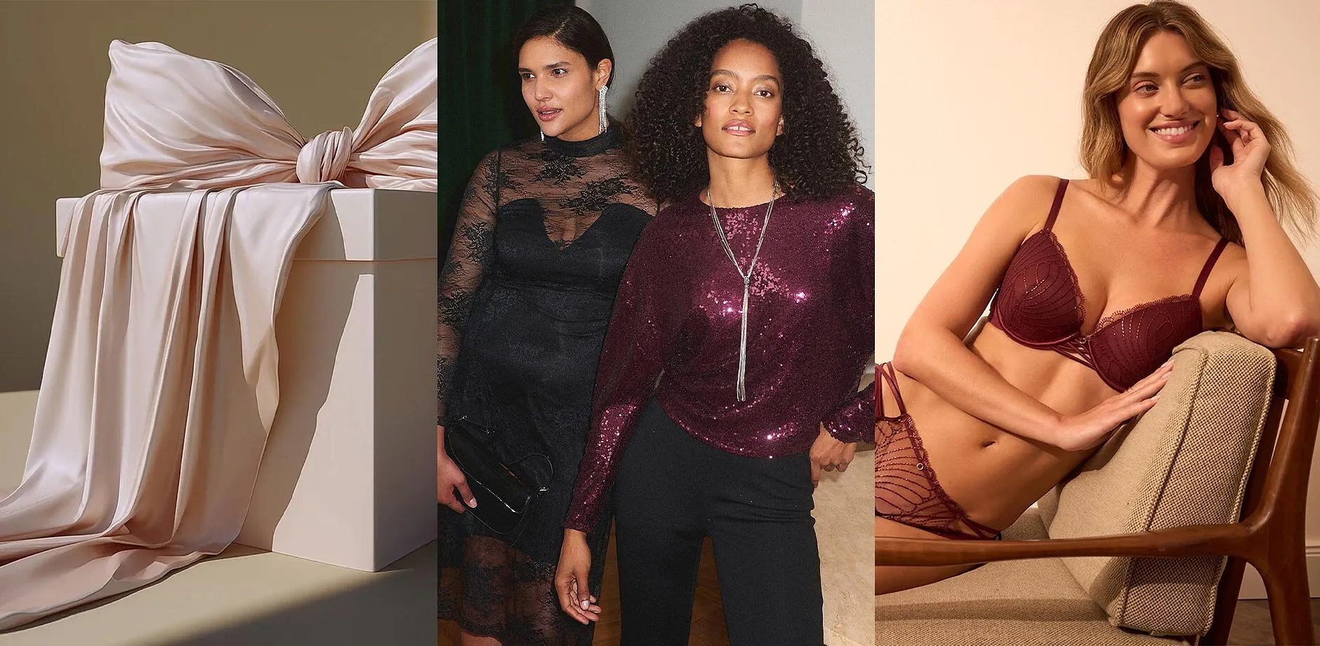 Groot cadeau met strik. Feestelijke mode en feestelijke lingerie.