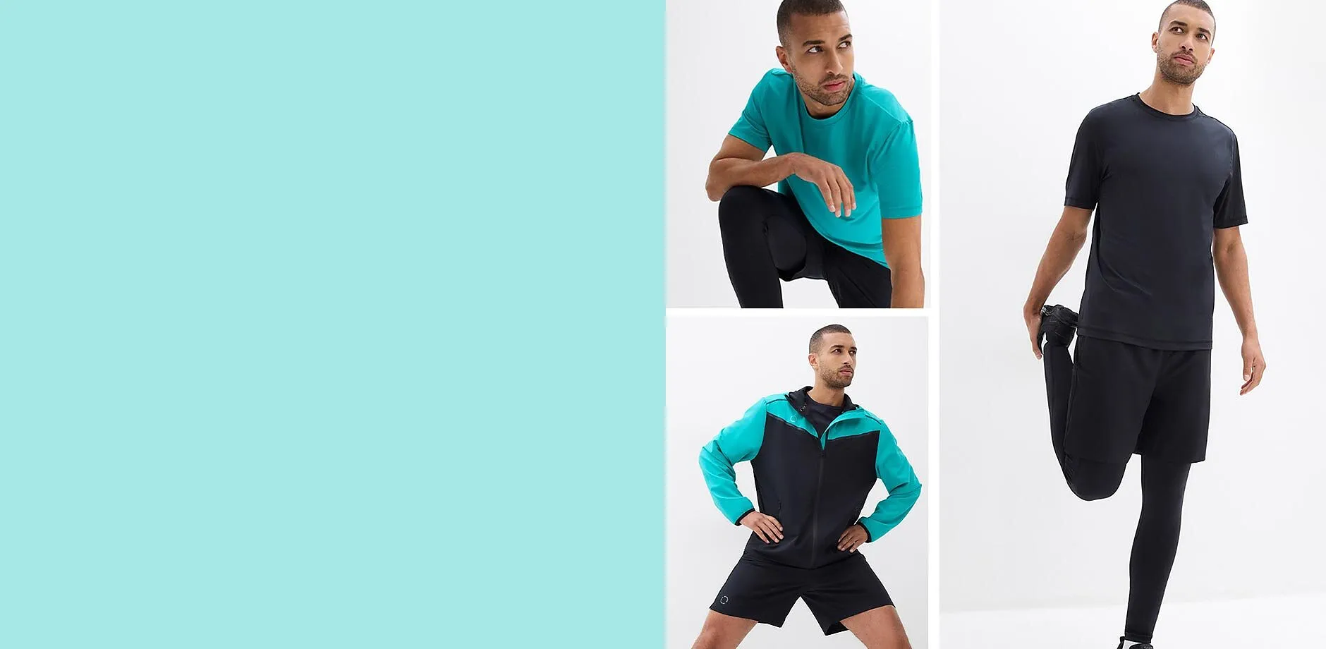 Turkooize en zwarte T-shirts, shorts en outdoor jas met colour blocking.