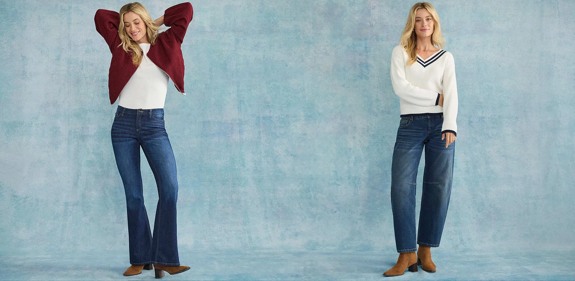 Casual jeans gecombineerd met witte truien en vest.