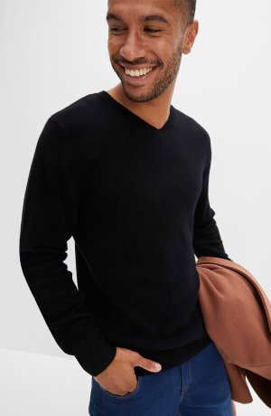 Heren - Wollen trui met Good Cashmere Standard® en V-hals - zwart
