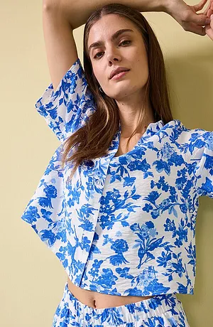 Dames - Blouse met korte mouwen van soepele viscose - wit gedessineerd