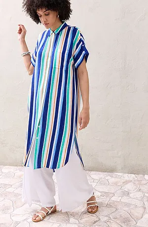 Dames - Blousejurk van soepele viscose - arctisch blauw/lichtblauw/wit gestreept