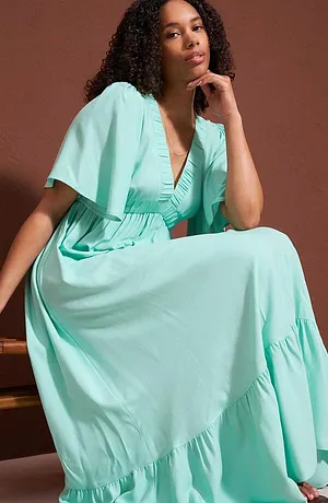 Dames - Maxi jurk met strokenrok van soepele viscose - mentholblauw
