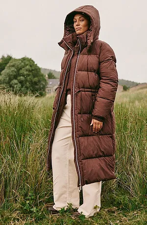 Dames - Lange gewatteerde jas, waterafstotend - donkerbruin