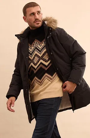 Dames - Gewatteerde winter parka met teddy voering en afneembare capuchon - zwart