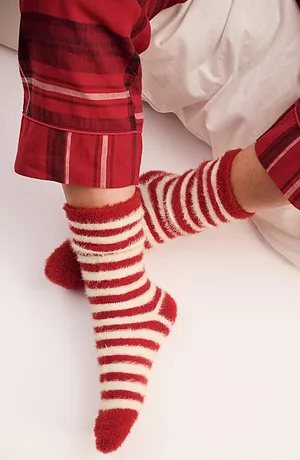 Dames - Superzachte knuffelsokken (set van 2) - donkerrood/wit gestreept + donkerrood