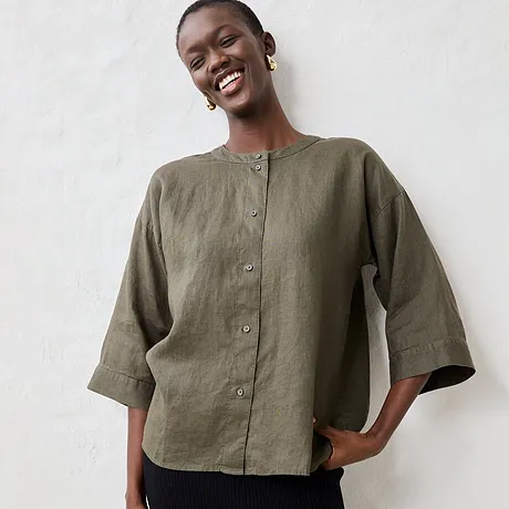 Dames - Oversized blouse van puur linnen - donkerolijfgroen
