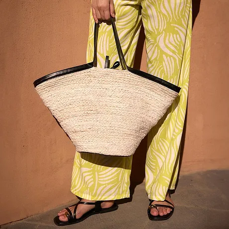 Dames - Rieten shopper - naturel/zwart