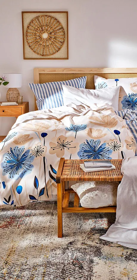 Wonen & Tuin - Dekbedovertrek met bloemenprint - blauw/crème