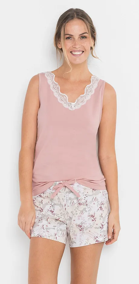 Dames - Shortama (2-dlg. set) - rozenhout met print