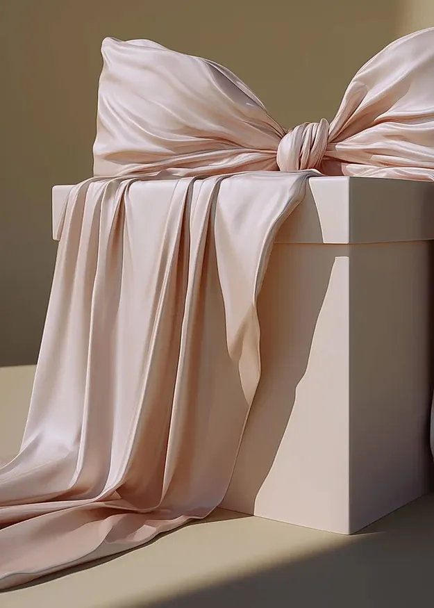 Zachte roze sjaal omhult een witte doos elegant, kunstig samengebonden tot een strik.