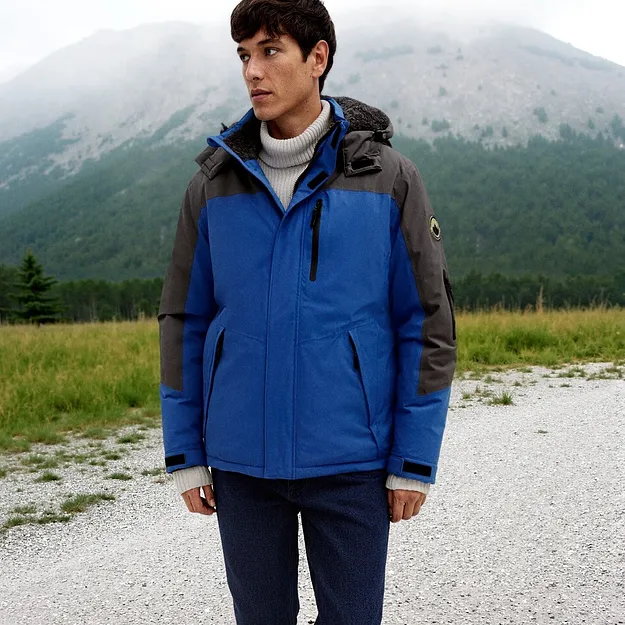 Heren - Waterdichte ski-jas met een zachte fleece voering - azuurblauw/leisteengrijs met print