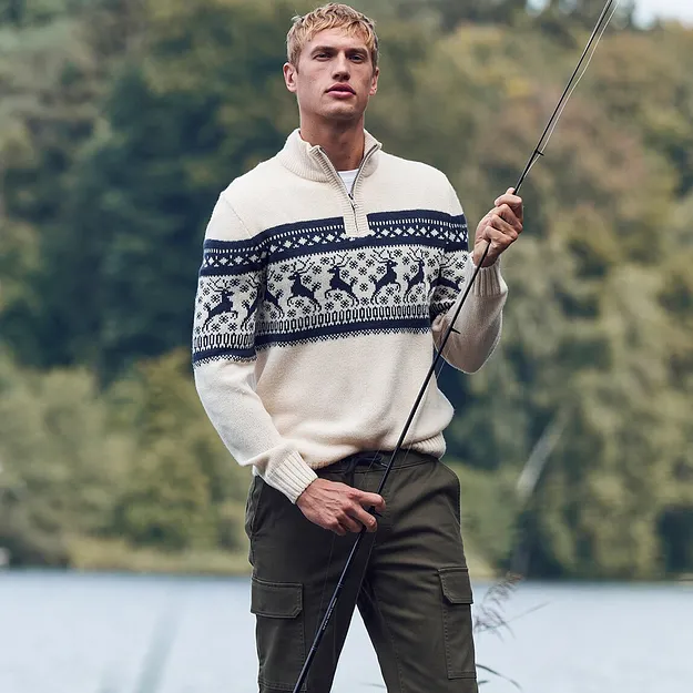 Heren - Noorse trui met schipperskraag - ecru gedessineerd