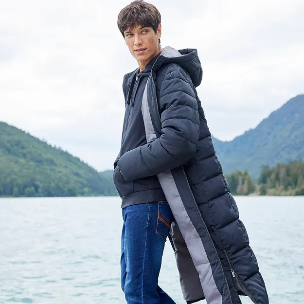 Heren - Lange gewatteerde jas met capuchon - zwart