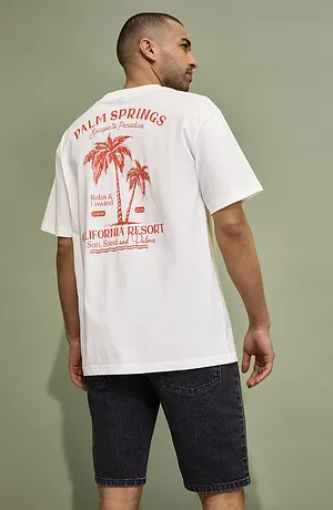Heren - T-shirt met print achter, loose fit - wolwit met print