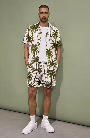 Heren - Overhemd van viscose met korte mouwen, loose fit - wolwit gedessineerd