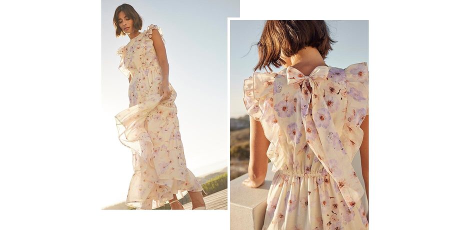 Inspiratie - Maxi jurk - natuurbeige/zacht lila gebloemd