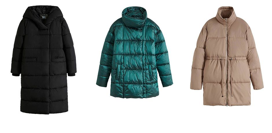 Dames - Lange, gewatteerde oversized jas met capuchon van gerecycled polyester - zwart