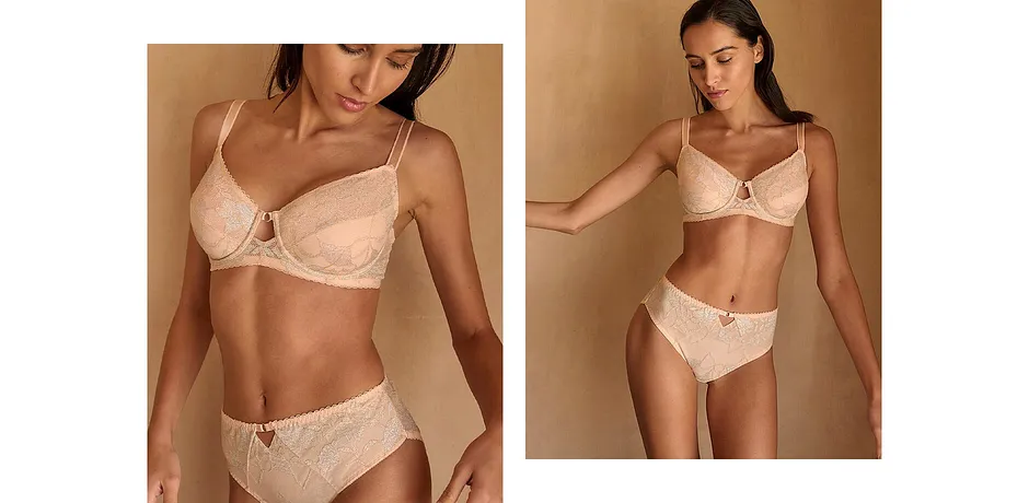 Dames - Minimizer bh met beugel en 2-kleurig lurex kant - parelbeige/zilverkleur/goud lurex