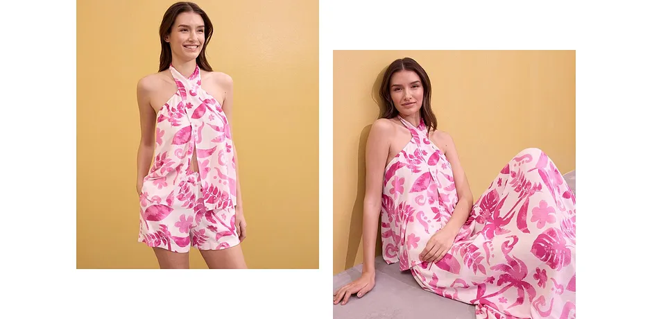 On trend - Korte short met print van gestructureerde viscose - wit/fuchsia gebloemd