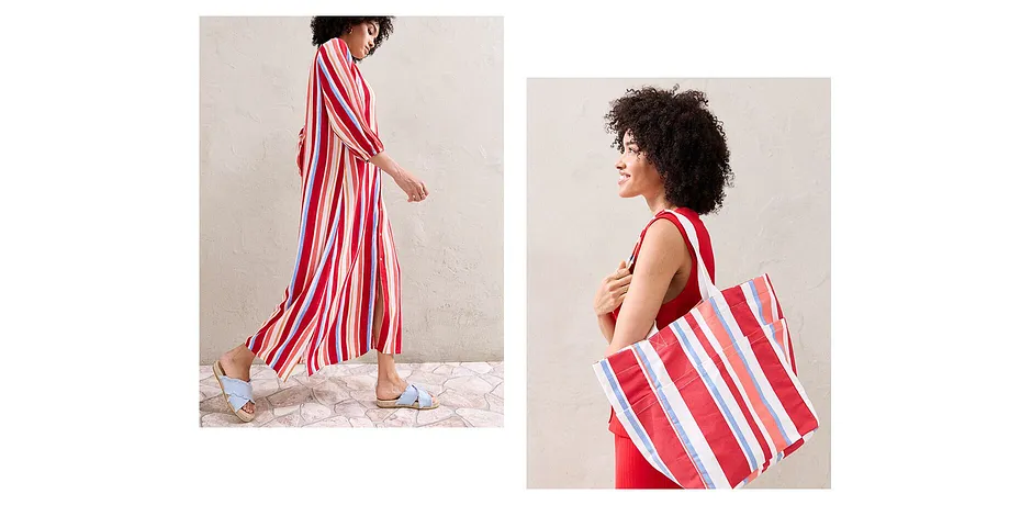 Dames - Gestreepte kaftan jurk van gestructureerde viscose - klaproosrood/lichtzalm/wit gestreept