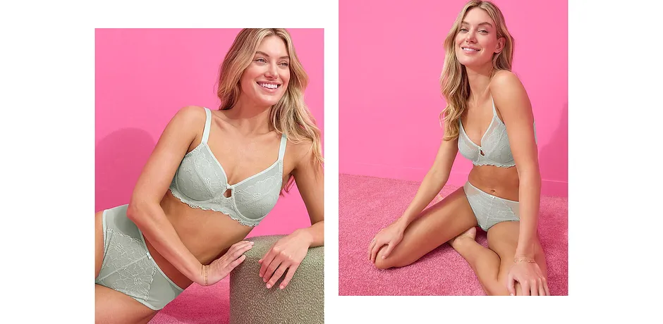 Zachte kant siert de mintgroene beha en bijpassende lingerie, elegant en vrouwelijk.