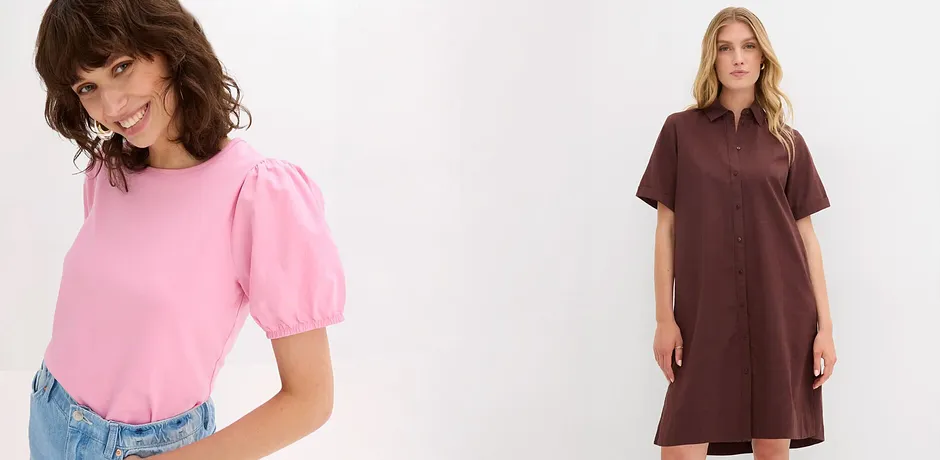 Vrouw in roze T-shirt en vrouw in bruine overhemdjurk – moderne damesmode bij bonprix.