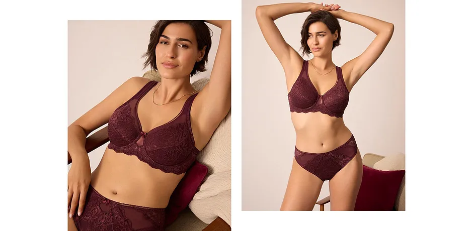 Elegante bordeauxrode kanten lingerie met fijne details.