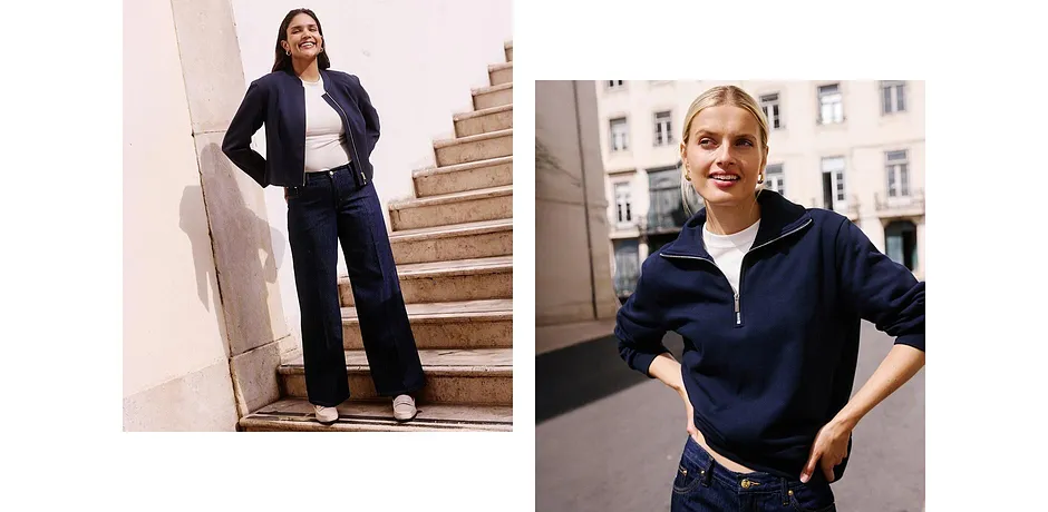 Donkerblauwe bomber en witte broek, gecombineerd met een witte top en voor een casual look met een marineblauwe schipperstrui.