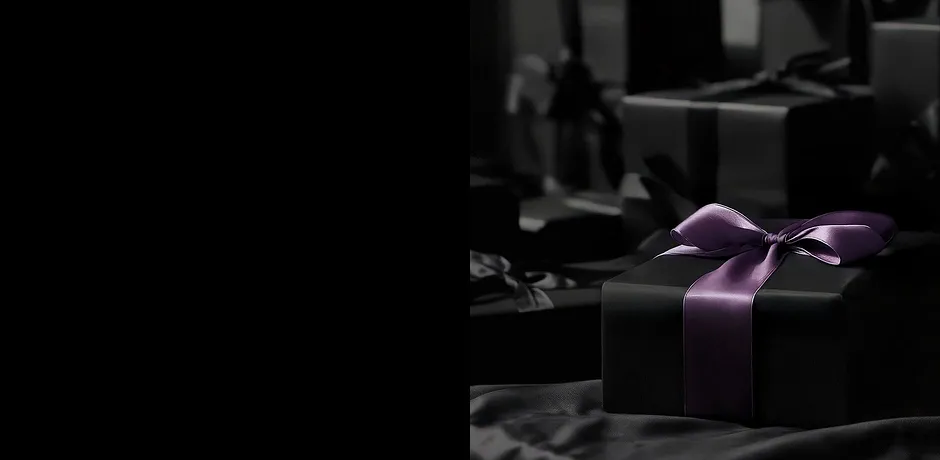 Elegante Geschenkboxen in Schwarz und Lila, geschmückt mit zarten Schleifen und Bändern.