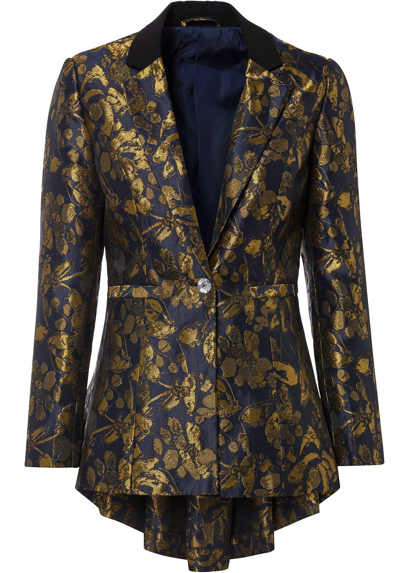 Lange blazer met gouden jacquardpatroon