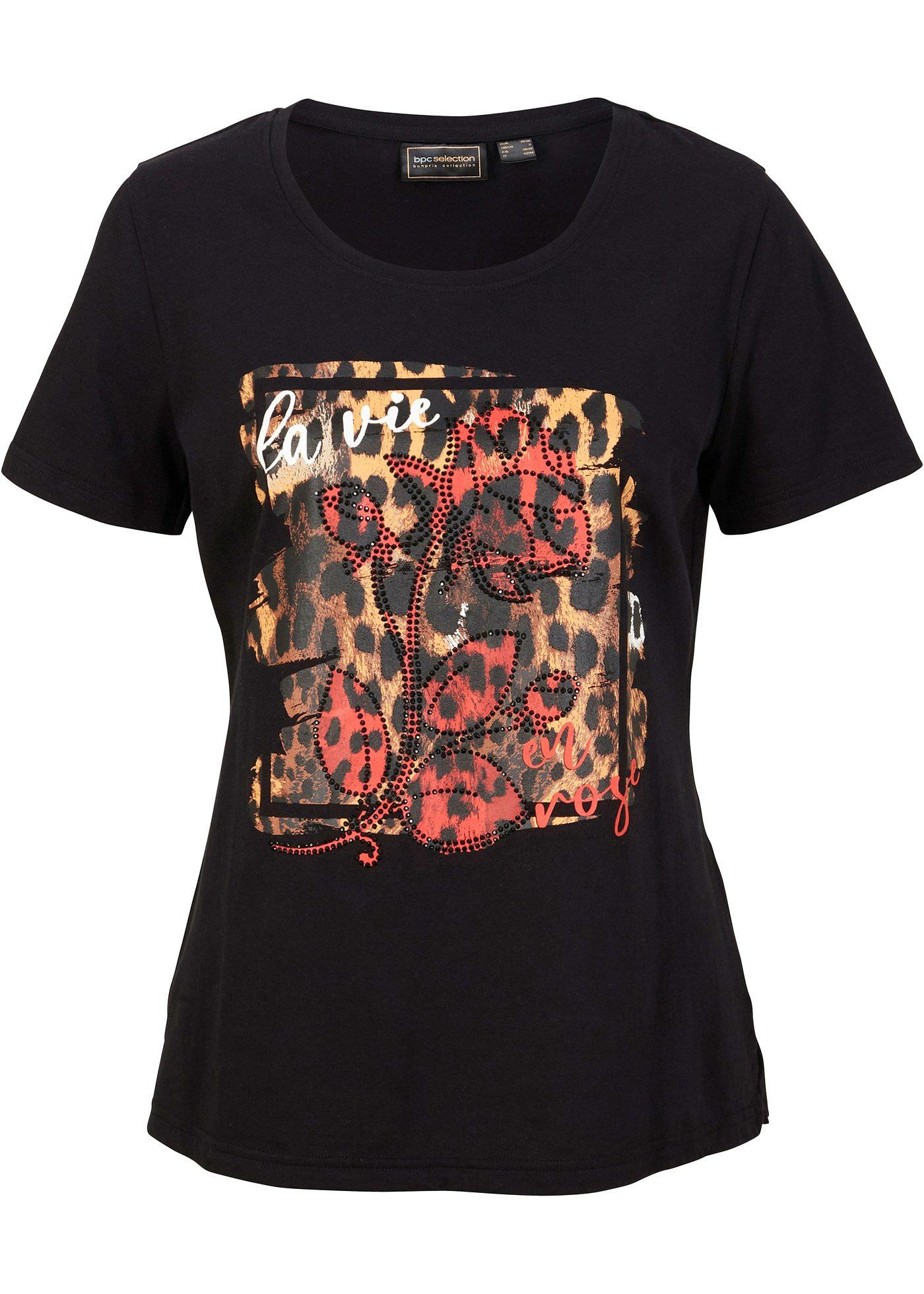 T-shirt met print en glittersteentjes